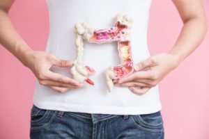 Physician holding up a model of the colon and rectum