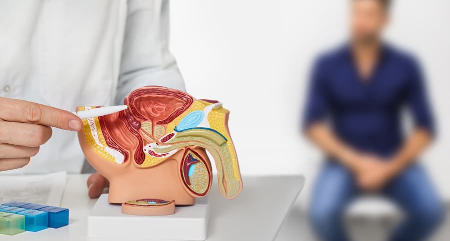 Doctor explains diagnosis to patient in clinic care room using diagram of the male reproductive parts