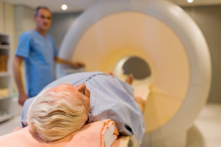 Patient preparing for MRI to screen for prostate sarcoma