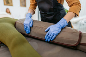 Patient undergoing compression treatment for lymphedema