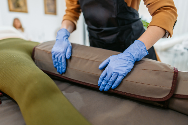 Patient undergoing compression treatment for lymphedema